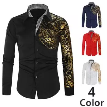 Мужская осенне-зимняя повседневная блузка с длинным рукавом и отложным воротником на пуговицах и принтом M чёрный