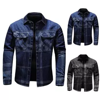 Мужская осенне-зимняя повседневная джинсовая куртка с длинным рукавом и отложным воротником XXXXL чёрный