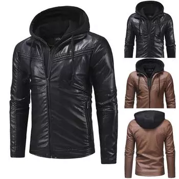 Мужская осенне-зимняя повседневная кожаная куртка на молнии с капюшоном и длинным рукавом, пальто, топы XXL чёрный