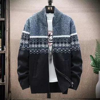 Мужская осенне-зимняя повседневная куртка-свитер, теплый вязаный свитер, толстовка с капюшоном M винный