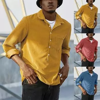 Мужская осенне-зимняя повседневная модная однотонная вельветовая рубашка на пуговицах с длинными рукавами и лацканами, повседневная свободная модная рубашка L синий