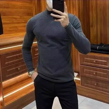 Мужская осенне-зимняя рубашка из немецкого бархата в сетку, однотонная, облегающая, с длинными рукавами, с высокой эластичной резинкой, теплая футболка M чёрный