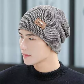 Мужская осенне-зимняя шапка-пуловер, модная простая вязаная шапка с бархатной толстой теплой защитой для ушей M56-58cm чёрный