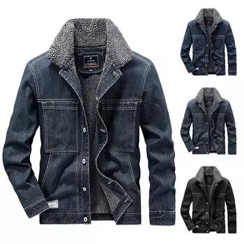 Мужская осенне-зимняя шерстяная повседневная винтажная потертая джинсовая куртка пальто XXXL чёрный