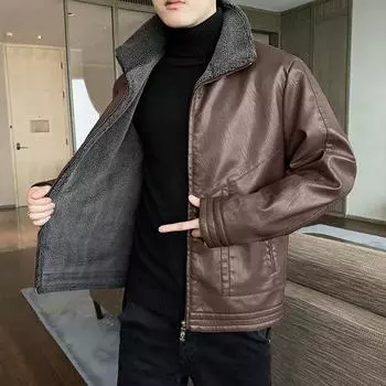 Мужская осенне-зимняя теплая куртка с воротником-стойкой и коротким меховым воротником из искусственной кожи с защитой от ветра 8XL чёрный