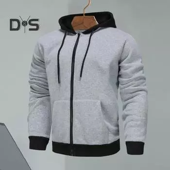 Мужская осенне-зимняя толстовка с капюшоном, длинными рукавами, однотонная, на шнурке, с застежкой-молнией, пальто, кардиган, эластичные манжеты и карманы на подоле, спортивная куртка S светло-серый