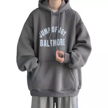 Мужская осенне-зимняя толстовка с капюшоном и буквенным принтом, свободная толстая теплая пуловер с длинными рукавами, ретро средней длины, эластичная манжета на шнурке, толстовка с большим накладным карманом M белый