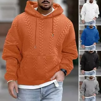 Мужская осенне-зимняя толстовка с капюшоном, однотонная, толстая, свободная, на шнурке, с капюшоном, с большим накладным карманом, с длинным рукавом, теплый пуловер, мягкая аппликация, трикотажная, мужская, средней длины L синий