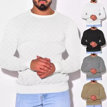 Мужская осенне-зимняя трикотажная рубашка с плотным жаккардовым узором в шахматном стиле с круглым вырезом и длинными рукавами S белый