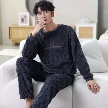 Мужская осенне-зимняя утепленная пижама из кашемира для молодежи из кораллового бархата, которую можно носить поверх домашнего костюма L чёрный