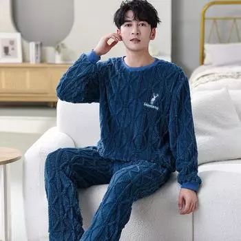 Мужская осенне-зимняя утепленная пижама из кашемира для молодежи из кораллового бархата, которую можно носить поверх домашнего костюма L чёрный