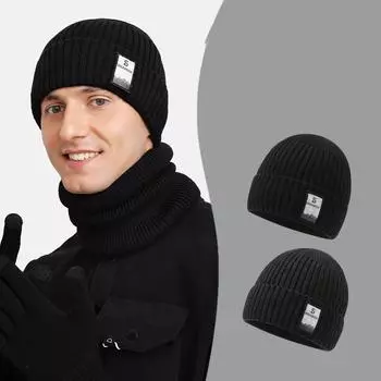 Мужская осенне-зимняя утепленная вязаная шапка из бархата, теплая шерстяная шапка для верховой езды чёрный