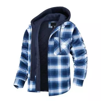 Мужская осенне-зимняя утолщенная куртка-рубашка в клетку с длинными рукавами и лацканами с капюшоном L