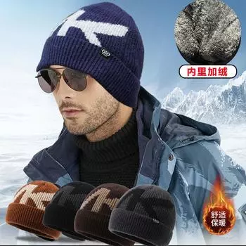 Мужская осенне-зимняя утолщенная теплая вязаная шерстяная шапка-бини простая модная однотонная велосипедная шапка с надписью One Size