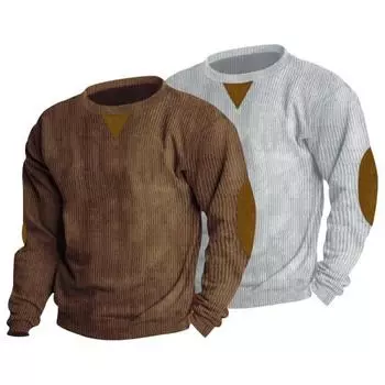 Мужская осенне-зимняя верхняя одежда в стиле пэчворк с длинным рукавом и круглым вырезом, винтажный мягкий пуловер на пуговицах, повседневная мужская полосатая футболка средней длины на каждый день L темные хаки