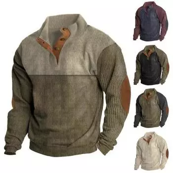 Мужская осенне-зимняя верхняя одежда в стиле пэчворк с длинным рукавом и воротником-стойкой, винтажный мягкий пуловер с пуговицами, повседневная мужская полосатая футболка средней длины на каждый день XL армия зеленый