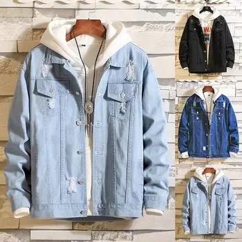 Мужская осенне-зимняя винтажная потертая джинсовая куртка, пальто, верхняя блузка, верхняя одежда L светло-синий