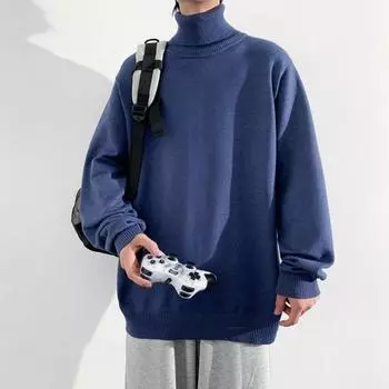 Мужская осенне-зимняя вязаная водолазка, повседневная разноцветная теплая базовая рубашка M синий