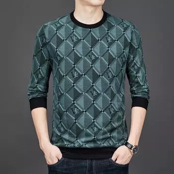 Мужская осенне-зимняя жаккардовая футболка с цифровой печатью, новая футболка с круглым вырезом и длинными рукавами, толстовка, мужские топы, нижняя рубашка M