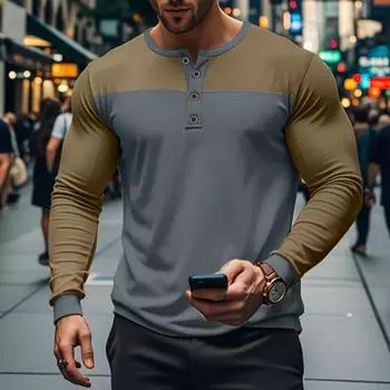 Мужская осенняя футболка в стиле ретро с длинными рукавами, цветным воротником Генри и базовым слоем. Мужская футболка S