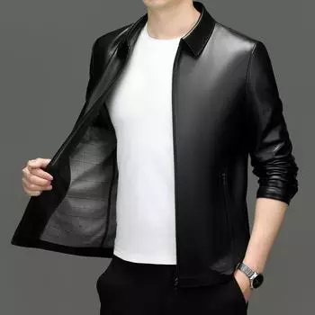 Мужская осенняя кожаная куртка, куртка с лацканами, повседневная модная кожаная куртка, куртка для мужчин 170 чёрный