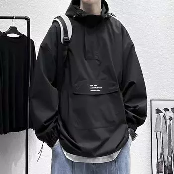 Мужская осенняя куртка с полумолнией, американская функциональная ветровая ретро-куртка для отдыха на открытом воздухе, мужская осенняя свободная куртка M чёрный