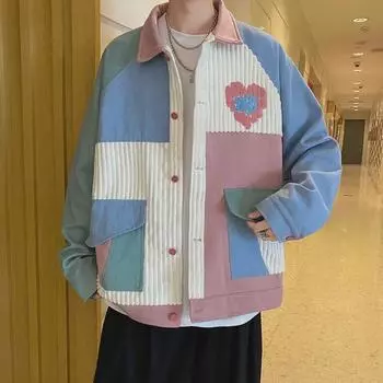 Мужская осенняя куртка в стиле хип-хоп с цветовыми блоками, гонконгский стиль 2021 года, модный свободный топ XL розовый