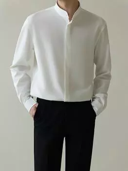 «Мужская осенняя легкая рубашка облегающего кроя из нежелезного шелка с длинными рукавами — тренд в корейском стиле» XXXL темно-зеленого