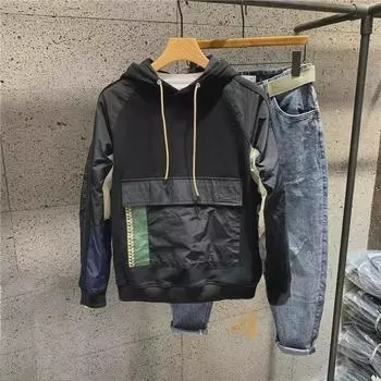 «Мужская осенняя лоскутная контрастная толстовка с капюшоном»: Свободный покрой в корейском стиле для повседневной носки и активного отдыха. Large чёрный