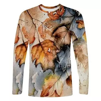 Мужская осенняя модная футболка с креативным принтом листьев, модный ретро-футболка с 3D-принтом, свободный дышащий свитер с круглым вырезом и короткими рукавами L