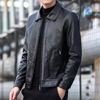 Мужская осенняя модная повседневная куртка из кожи в корейском стиле с лацканами M чёрный