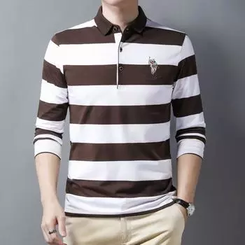 Мужская осенняя новая футболка с длинными рукавами, мужская повседневная корейская версия, модная полосатая деловая рубашка-поло с лацканами M