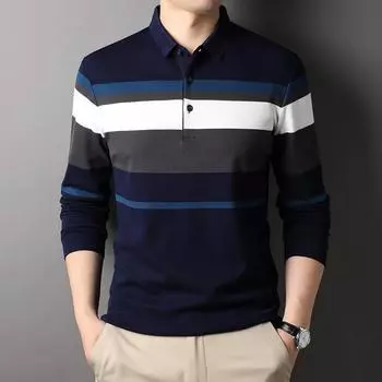 Мужская осенняя новая хлопковая футболка с длинными рукавами, мужская полосатая свободная футболка с лацканами, мужская рубашка поло с длинными рукавами для людей среднего возраста M