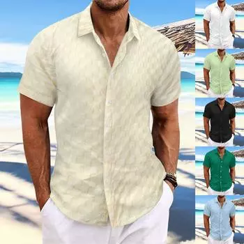 Мужская осенняя однотонная клетчатая повседневная свободная рубашка с коротким рукавом и лацканами на пуговицах XL