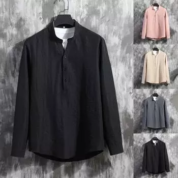 Мужская осенняя плиссированная рубашка свободного покроя с длинным рукавом на пуговицах M бежевый