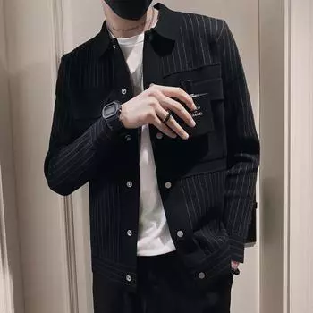 Мужская осенняя полосатая куртка с лацканами, новый стиль, молодой и красивый, модный бренд, тонкая модная универсальная куртка для мужчин M