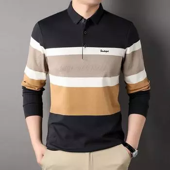 Мужская осенняя полосатая рубашка поло с лацканами, мужская новая повседневная свободная футболка с длинным рукавом контрастного цвета M
