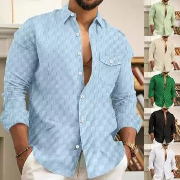 Мужская осенняя повседневная свободная клетчатая однотонная рубашка с длинным рукавом и карманом XXL