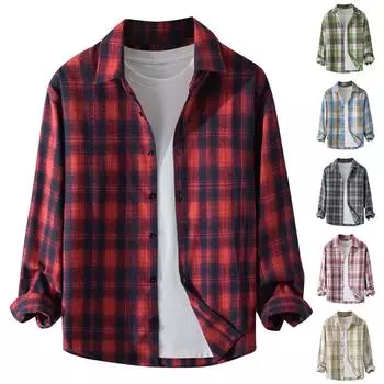 Мужская осенняя повседневная свободная клетчатая рубашка с длинным рукавом на пуговицах L синий