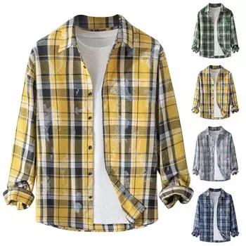 Мужская осенняя повседневная свободная клетчатая рубашка с длинным рукавом на пуговицах L синий