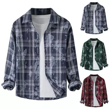 Мужская осенняя повседневная свободная клетчатая рубашка с длинным рукавом на пуговицах L