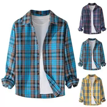 Мужская осенняя повседневная свободная клетчатая рубашка с длинным рукавом на пуговицах XXL жёлтый