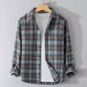 Мужская осенняя повседневная свободная клетчатая рубашка с длинным рукавом на пуговицах M синий