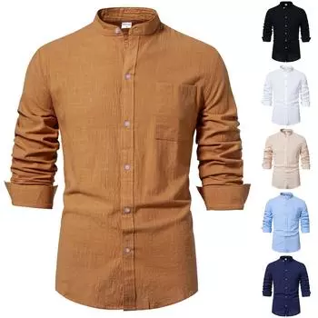 Мужская осенняя повседневная свободная однотонная рубашка из хлопка и льна с воротником-стойкой и карманом с длинным рукавом XXL чёрный