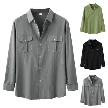 Мужская осенняя повседневная свободная рубашка из хлопка и льна с длинным рукавом и двойными карманами XL чёрный