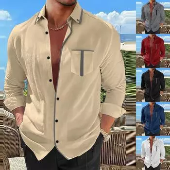 Мужская осенняя повседневная свободная рубашка с цветными блоками и длинным рукавом L чёрный