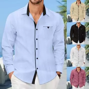 Мужская осенняя повседневная свободная рубашка с цветными блоками и длинным рукавом L чёрный