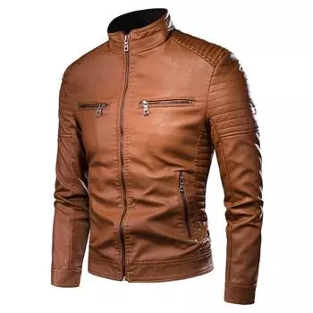 Мужская осенняя повседневная винтажная кожаная куртка, пальто, мужская весенняя одежда, дизайн, мотоциклетная куртка с карманом из искусственной кожи, мужская куртка M коричневый