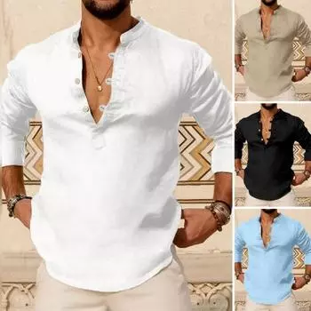 Мужская осенняя рубашка с длинным рукавом, облегающий пуловер с воротником «Генри», повседневные пуговицы, тонкий, мягкий, дышащий, однотонный, уличная одежда, мужской топ XL абрикосовый