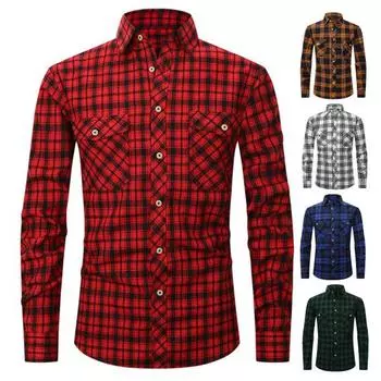 Мужская осенняя рубашка с длинными рукавами и клетчатым принтом контрастных цветов, однобортный кардиган с лацканами и мягкими пуговицами, весенняя рубашка для повседневной носки L красный